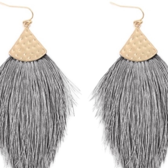 Bohemian Thread Tassel Drop Earrings Gray - Picture 2 of 3